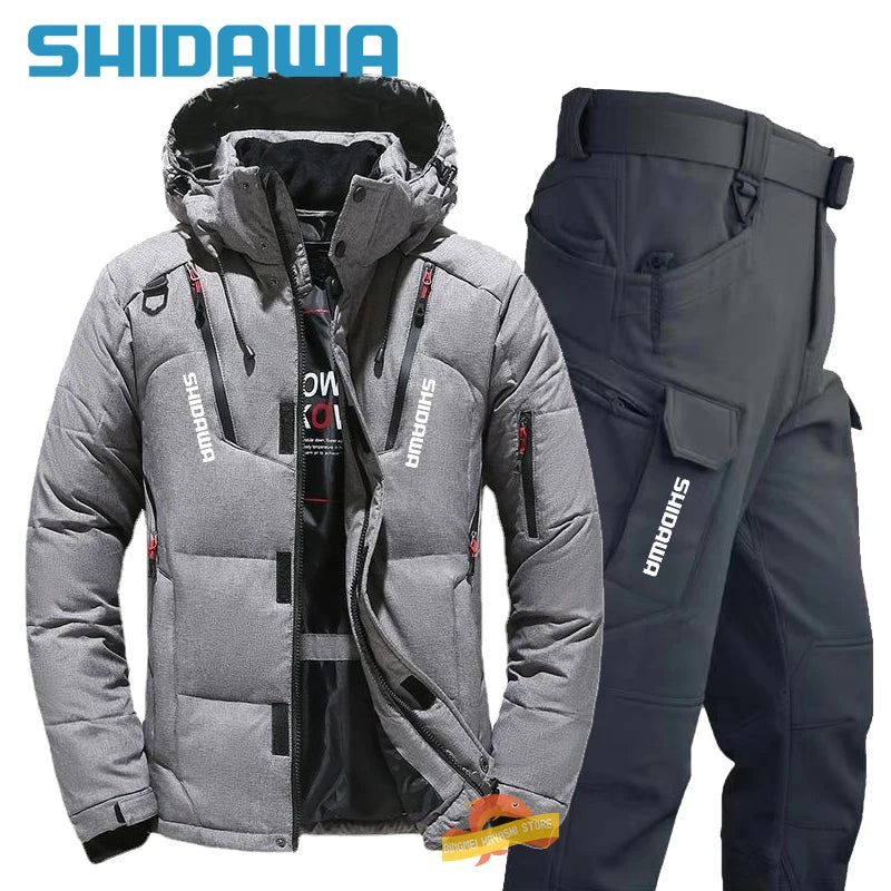 Men's Winter Fishing Suit, Goose Down Jacket+Tactical Pants Fishing Set, Warm Snow Skiing, Mountain Climbing, Hunting Sportswear
