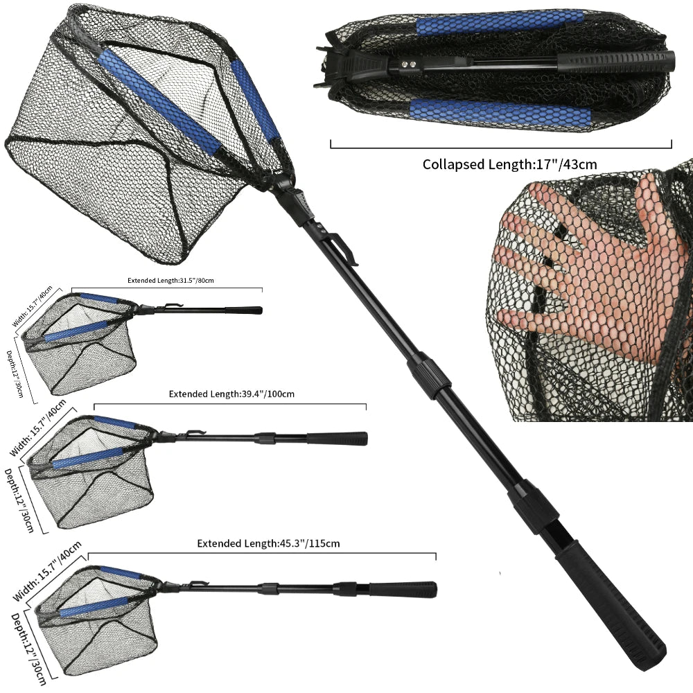 Fishing Landing Net Aluminum Alloy Durable Telescoping Extend to 190cm/130cm/55cm Folding Mesh Safe Fish Catching Releasing