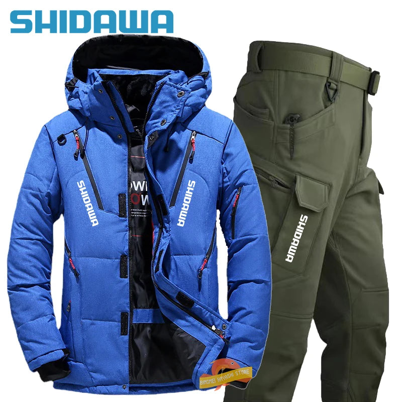 Men's Winter Fishing Suit, Goose Down Jacket+Tactical Pants Fishing Set, Warm Snow Skiing, Mountain Climbing, Hunting Sportswear