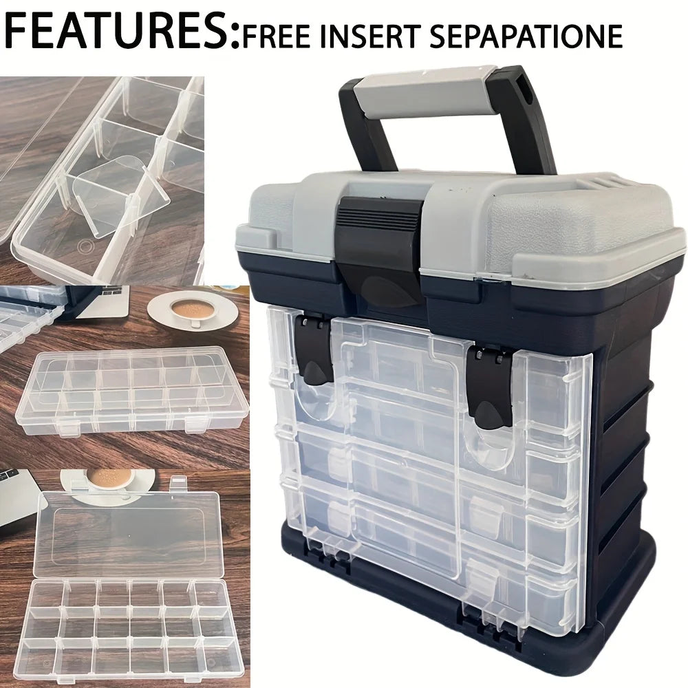 A portable fishing tackle box, a four-layer bait box, a grey fishing accessory storage box, a plastic fishing box (blank fish bo