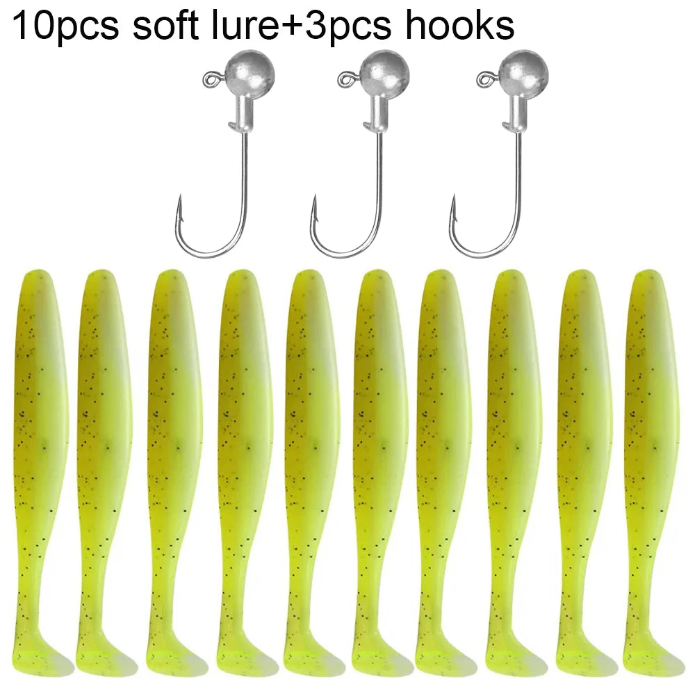 10PCS Soft Lure 5.5cm 7cm 10cm T Tail Worm 3PCS Jigging Head Hook 3g 5g 10g Metal Jig Carp Fishing Pesca Swimbait Gear Kit Bait