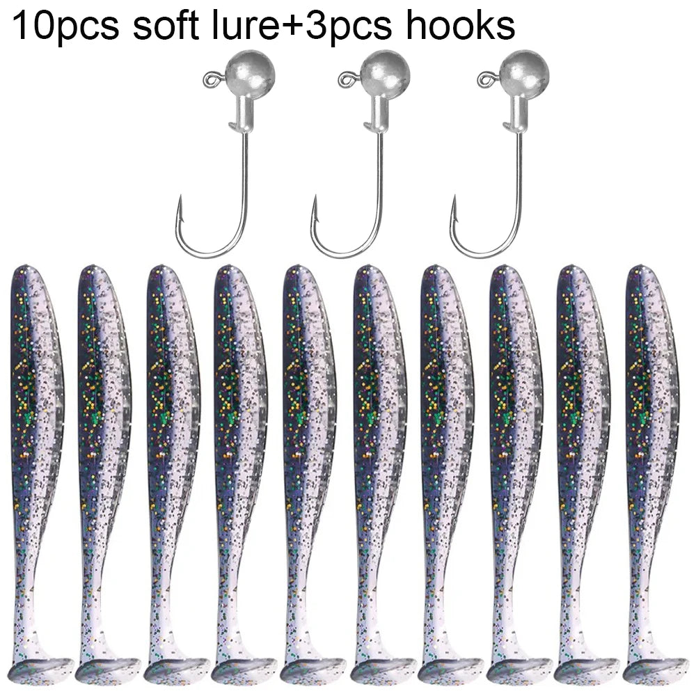 10PCS Soft Lure 5.5cm 7cm 10cm T Tail Worm 3PCS Jigging Head Hook 3g 5g 10g Metal Jig Carp Fishing Pesca Swimbait Gear Kit Bait