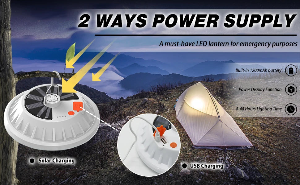 Solar Camping Light,Portable Tent Light,USB-Charged Bulb,Patio Light w/Remote Control,Power Bank,Camping,Blackouts,BBQ,Fishing