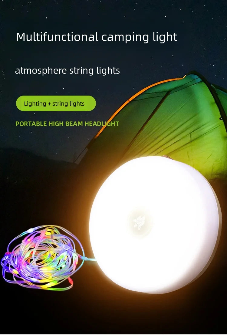 Solar Lights Outdoor Camping Light 10meter String Light Outdoor Tent Light RGB Atmosphere Light LED Flashlight with Hook ﻿