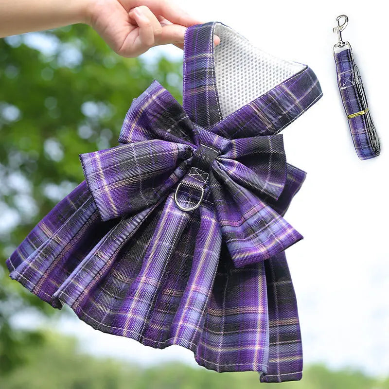 Pet dog  cat jk plaid skirt vest leash teddy than bear out clothes chest strap walking supplies