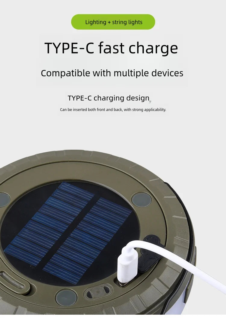 Solar Lights Outdoor Camping Light 10meter String Light Outdoor Tent Light RGB Atmosphere Light LED Flashlight with Hook ﻿