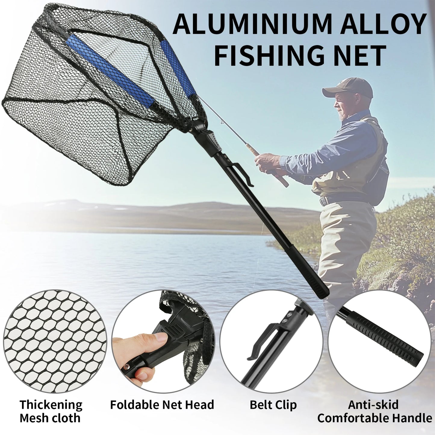 Fishing Landing Net Aluminum Alloy Durable Telescoping Extend to 190cm/130cm/55cm Folding Mesh Safe Fish Catching Releasing