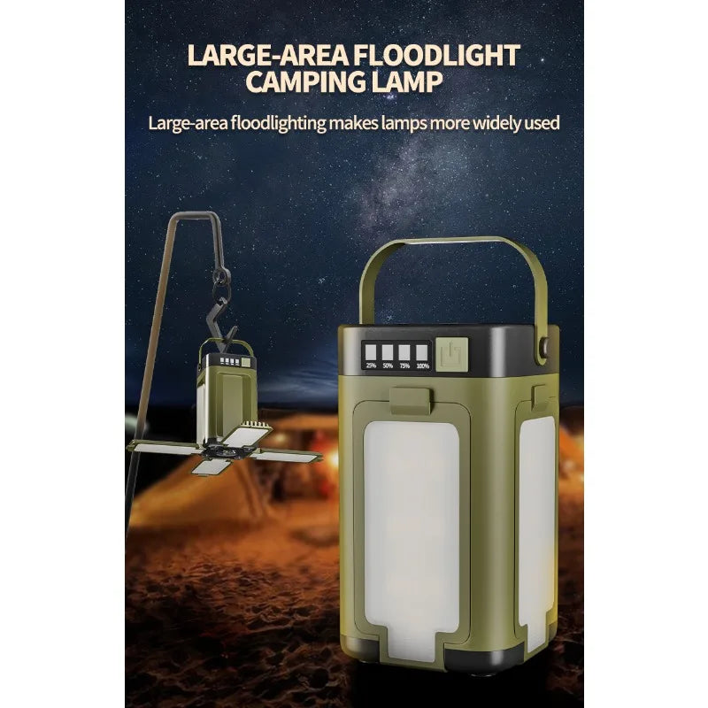 Solar powered outdoor portable camping light, solar rechargeable foldable lighting, large capacity multifunctional tent light