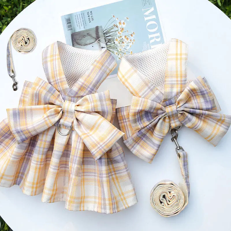 Pet dog  cat jk plaid skirt vest leash teddy than bear out clothes chest strap walking supplies