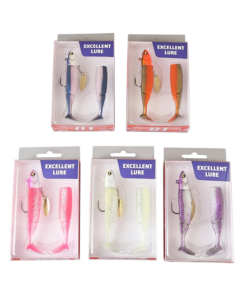 TAIYU Hot Sale Fishing Lures 20g Jig Head T-tail Silicone Soft Lure Wobbler Metal Spinner Spoon Bait For Pike Trout Bass Fishing
