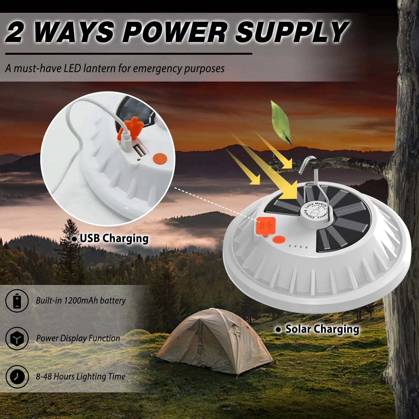 Solar Camping Light,Portable Tent Light,USB-Charged Bulb,Patio Light w/Remote Control,Power Bank,Camping,Blackouts,BBQ,Fishing