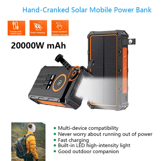 Portable Hand Crank Solar Power Bank With Light 20000mAh Large Capacity Fast Charging Mobile Power Supply Charger Station