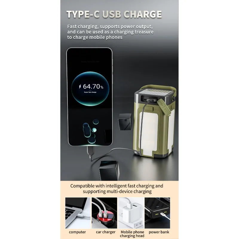 Solar powered outdoor portable camping light, solar rechargeable foldable lighting, large capacity multifunctional tent light