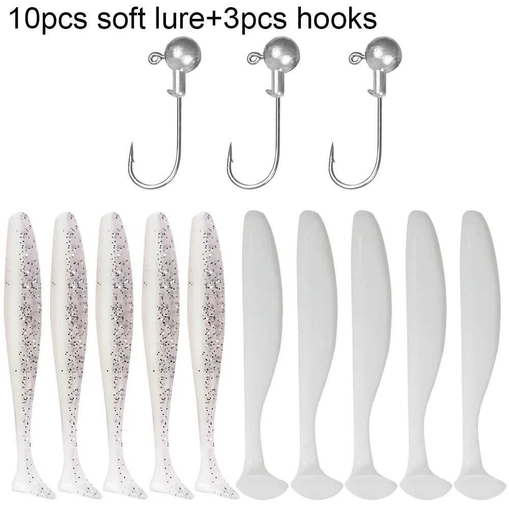 10PCS Soft Lure 5.5cm 7cm 10cm T Tail Worm 3PCS Jigging Head Hook 3g 5g 10g Metal Jig Carp Fishing Pesca Swimbait Gear Kit Bait