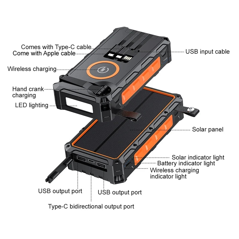 Portable Hand Crank Solar Power Bank With Light 20000mAh Large Capacity Fast Charging Mobile Power Supply Charger Station