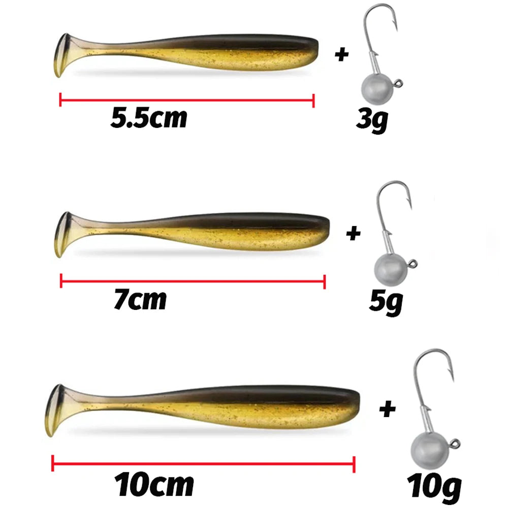 10PCS Soft Lure 5.5cm 7cm 10cm T Tail Worm 3PCS Jigging Head Hook 3g 5g 10g Metal Jig Carp Fishing Pesca Swimbait Gear Kit Bait