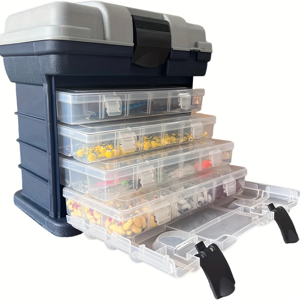 A portable fishing tackle box, a four-layer bait box, a grey fishing accessory storage box, a plastic fishing box (blank fish bo