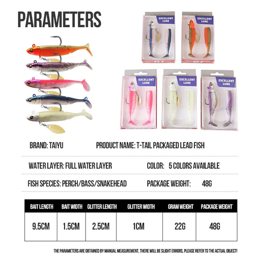 TAIYU Hot Sale Fishing Lures 20g Jig Head T-tail Silicone Soft Lure Wobbler Metal Spinner Spoon Bait For Pike Trout Bass Fishing