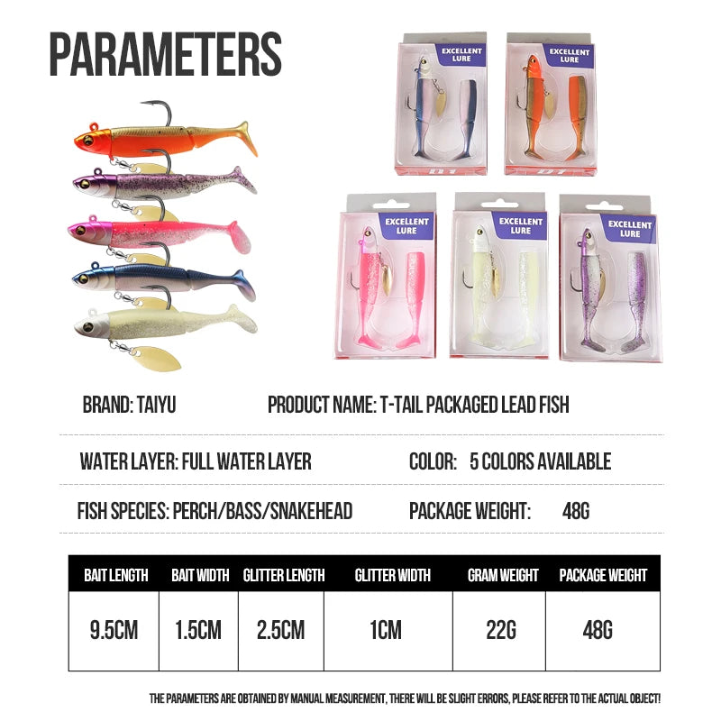 TAIYU Hot Sale Fishing Lures 20g Jig Head T-tail Silicone Soft Lure Wobbler Metal Spinner Spoon Bait For Pike Trout Bass Fishing