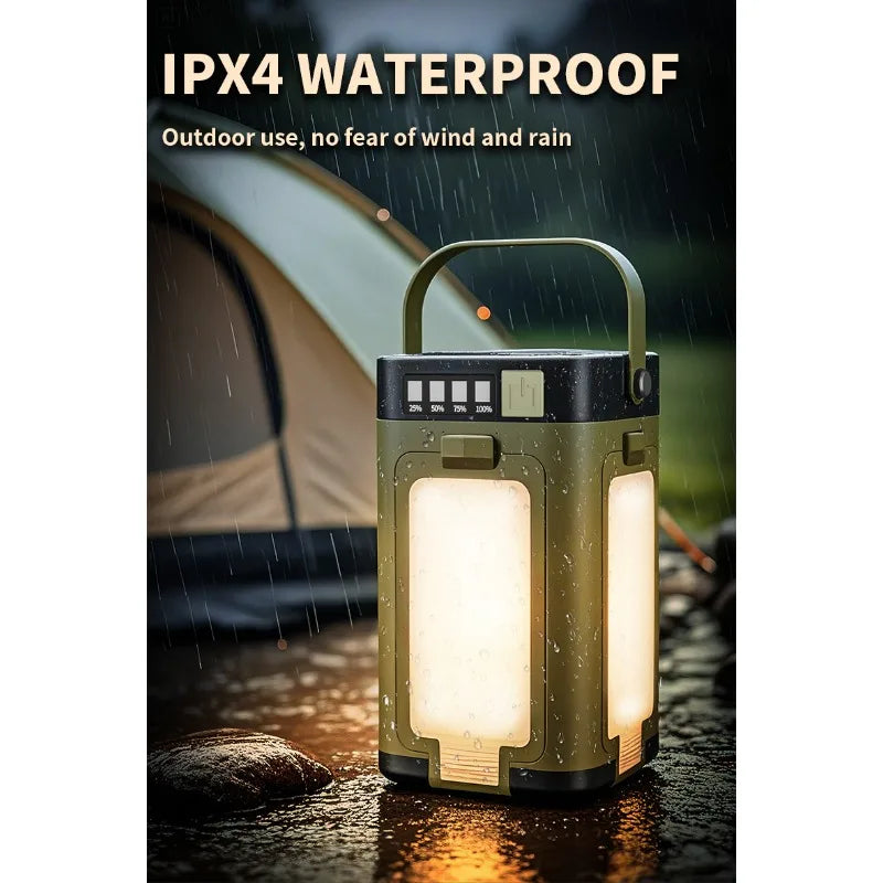 Solar powered outdoor portable camping light, solar rechargeable foldable lighting, large capacity multifunctional tent light