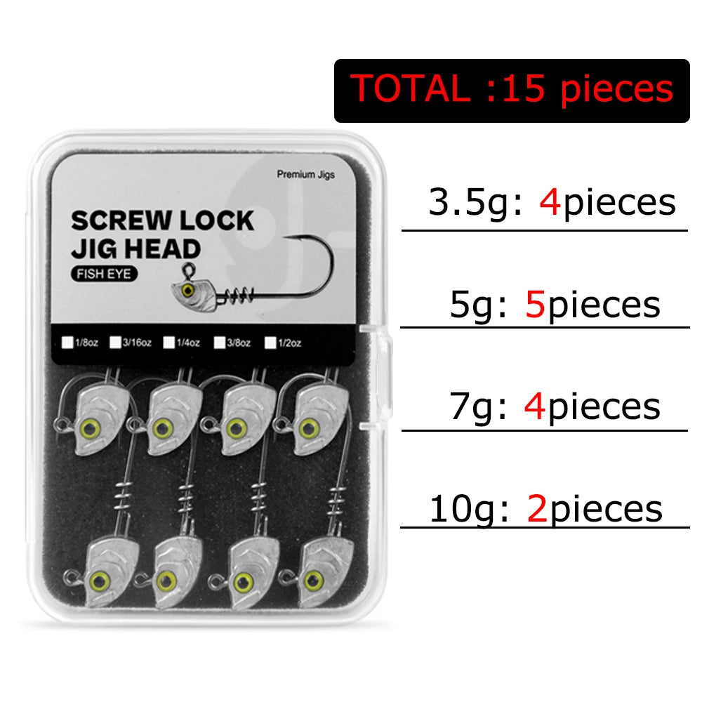 MrLurion 15pcs/Box 3.5g 5g 7g 10g 14g Screw lock jigging head fishing lure baits ,soft worm lure fishhook wobblers with 3D eyes