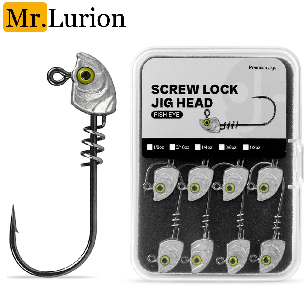 MrLurion 15pcs/Box 3.5g 5g 7g 10g 14g Screw lock jigging head fishing lure baits ,soft worm lure fishhook wobblers with 3D eyes