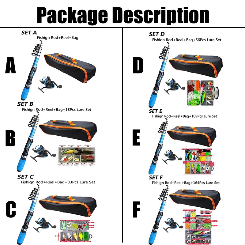 1.2M Fishing Rod Full Kits Telescopic Sea Spinning Reel Lure Set Travel Fishing Gear Baits Accessories Bag Beginner 6 Options