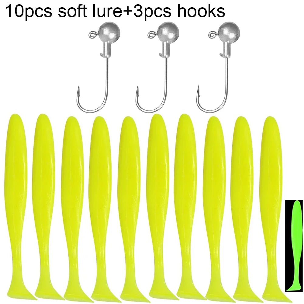 10PCS Soft Lure 5.5cm 7cm 10cm T Tail Worm 3PCS Jigging Head Hook 3g 5g 10g Metal Jig Carp Fishing Pesca Swimbait Gear Kit Bait