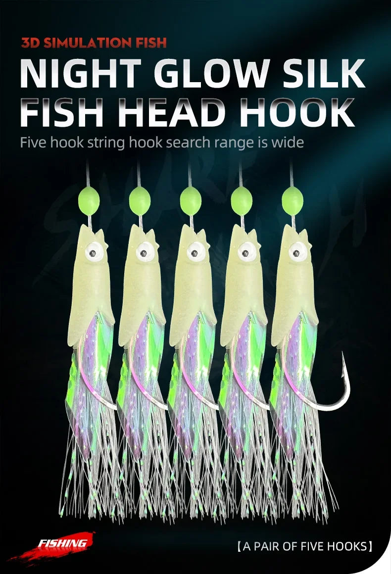5 Hooks Sabiki Rigs Saltwater Fishing Lures Bait Rigs Real Fish Skin String Hook Mackerel Glow in The Dark Flash Sabiki Rigs