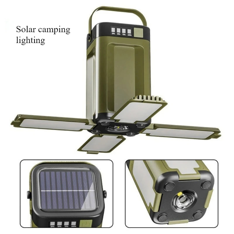 Solar powered outdoor portable camping light, solar rechargeable foldable lighting, large capacity multifunctional tent light
