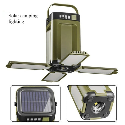 Solar powered outdoor portable camping light, solar rechargeable foldable lighting, large capacity multifunctional tent light