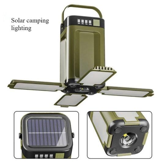 Solar powered outdoor portable camping light, solar rechargeable foldable lighting, large capacity multifunctional tent light