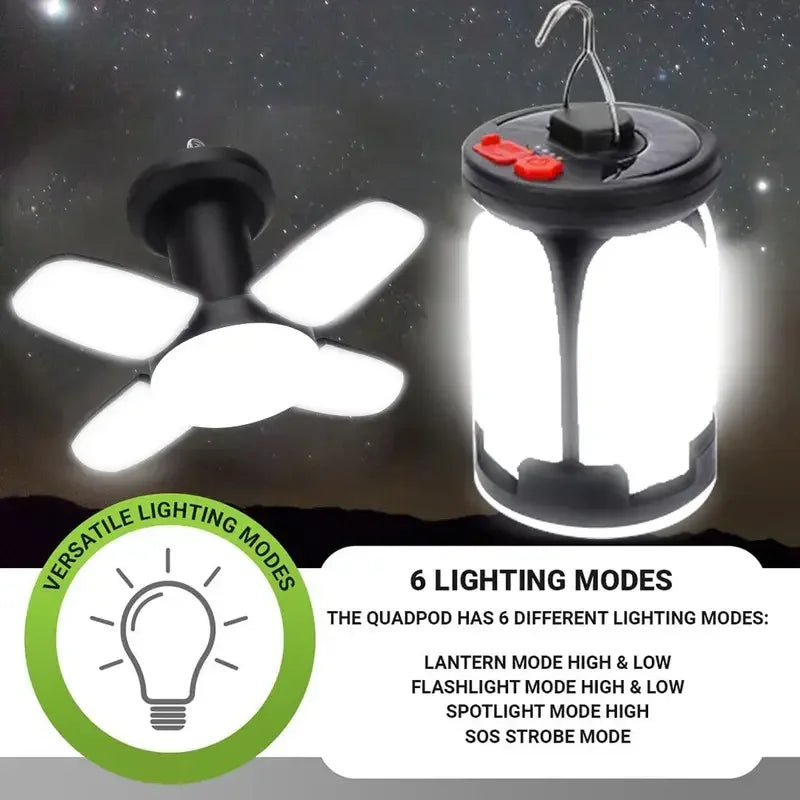 Solar Camping Light，USB/Solar Recharge Portable Lamp with 2000mAh Battery 6 Lighting Modes Outdoor Portable Hanging Tent Light