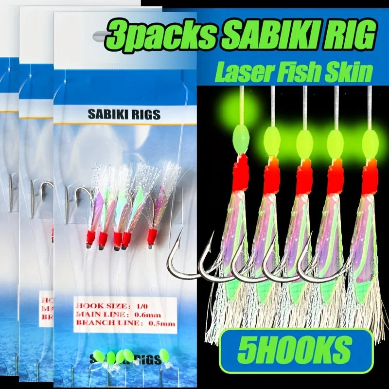 TAKBAS 1/3/5Packs Sabiki Rigs Saltwater, Fish Skin Mackerel Feathers Rigs, Sea Fishing Rigs with Luminous Beads Flasher Rig
