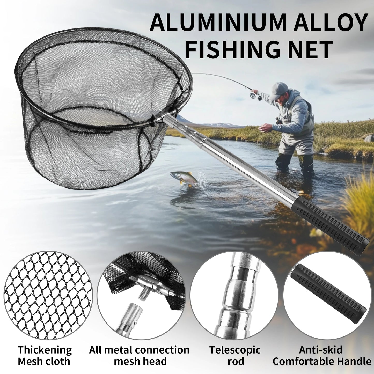 Fishing Landing Net Aluminum Alloy Durable Telescoping Extend to 190cm/130cm/55cm Folding Mesh Safe Fish Catching Releasing