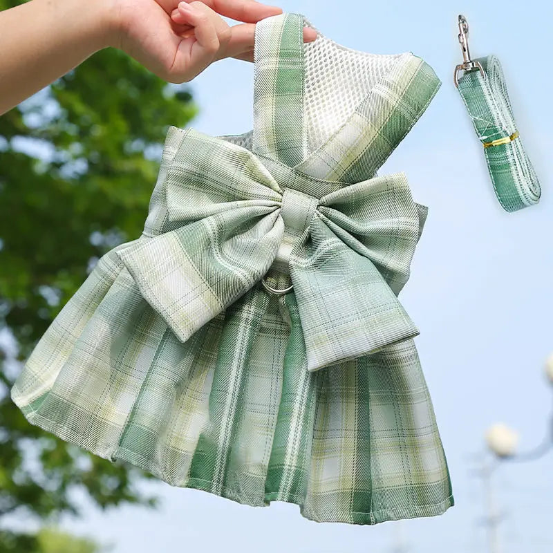 Pet dog  cat jk plaid skirt vest leash teddy than bear out clothes chest strap walking supplies