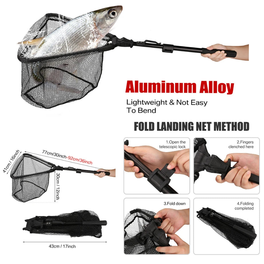 Fishing Landing Net Aluminum Alloy Durable Telescoping Extend to 190cm/130cm/55cm Folding Mesh Safe Fish Catching Releasing