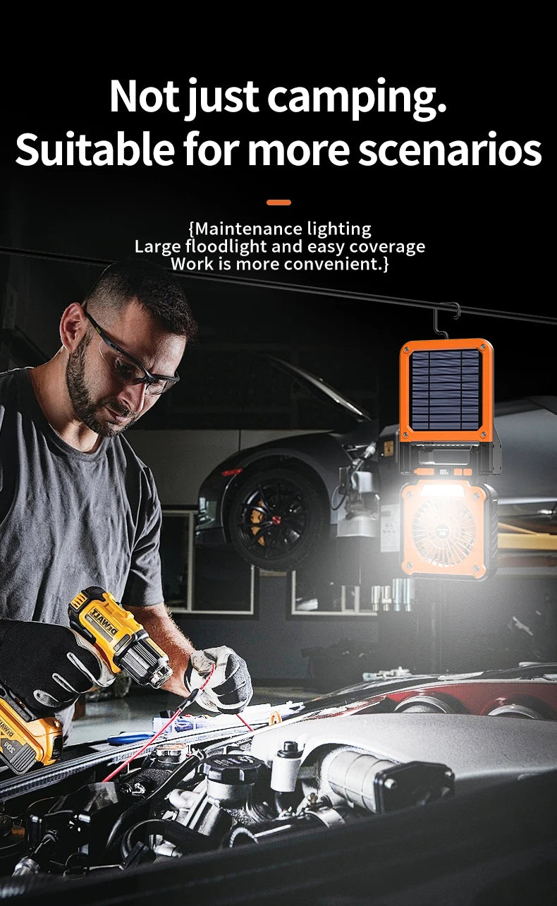 Solar Powered Camping Light with Fan Folding Portable Desk Lamp  Rechargeable Battery for Outdoor Hiking Fishing Camping