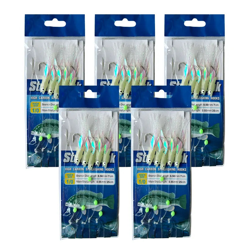 5 Hooks Sabiki Rigs Saltwater Fishing Lures Bait Rigs Real Fish Skin String Hook Mackerel Glow in The Dark Flash Sabiki Rigs