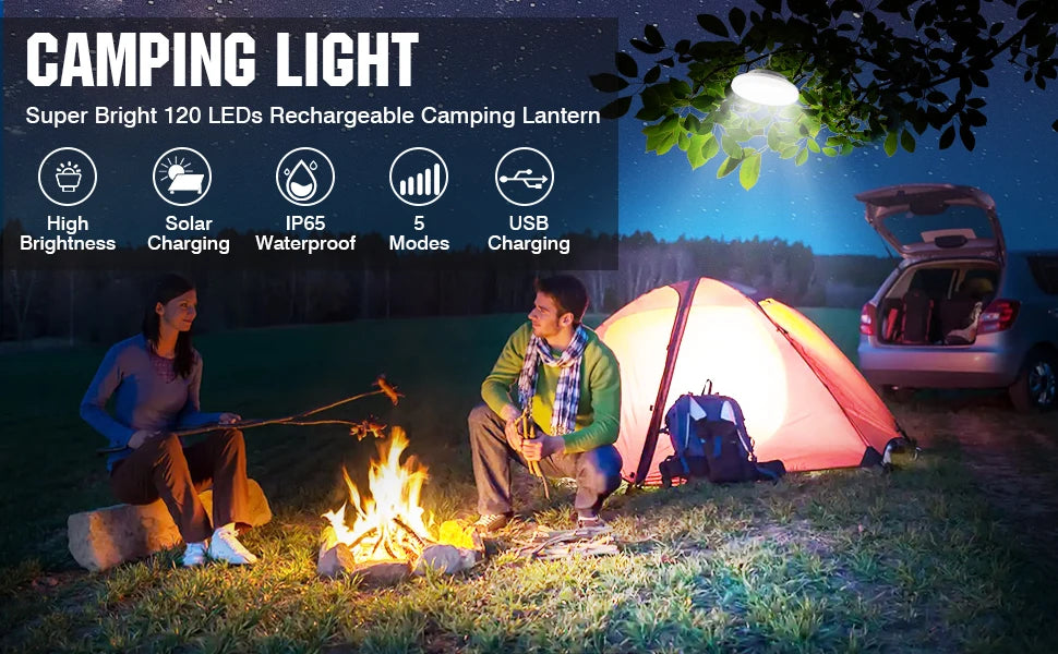 Solar Camping Light,Portable Tent Light,USB-Charged Bulb,Patio Light w/Remote Control,Power Bank,Camping,Blackouts,BBQ,Fishing