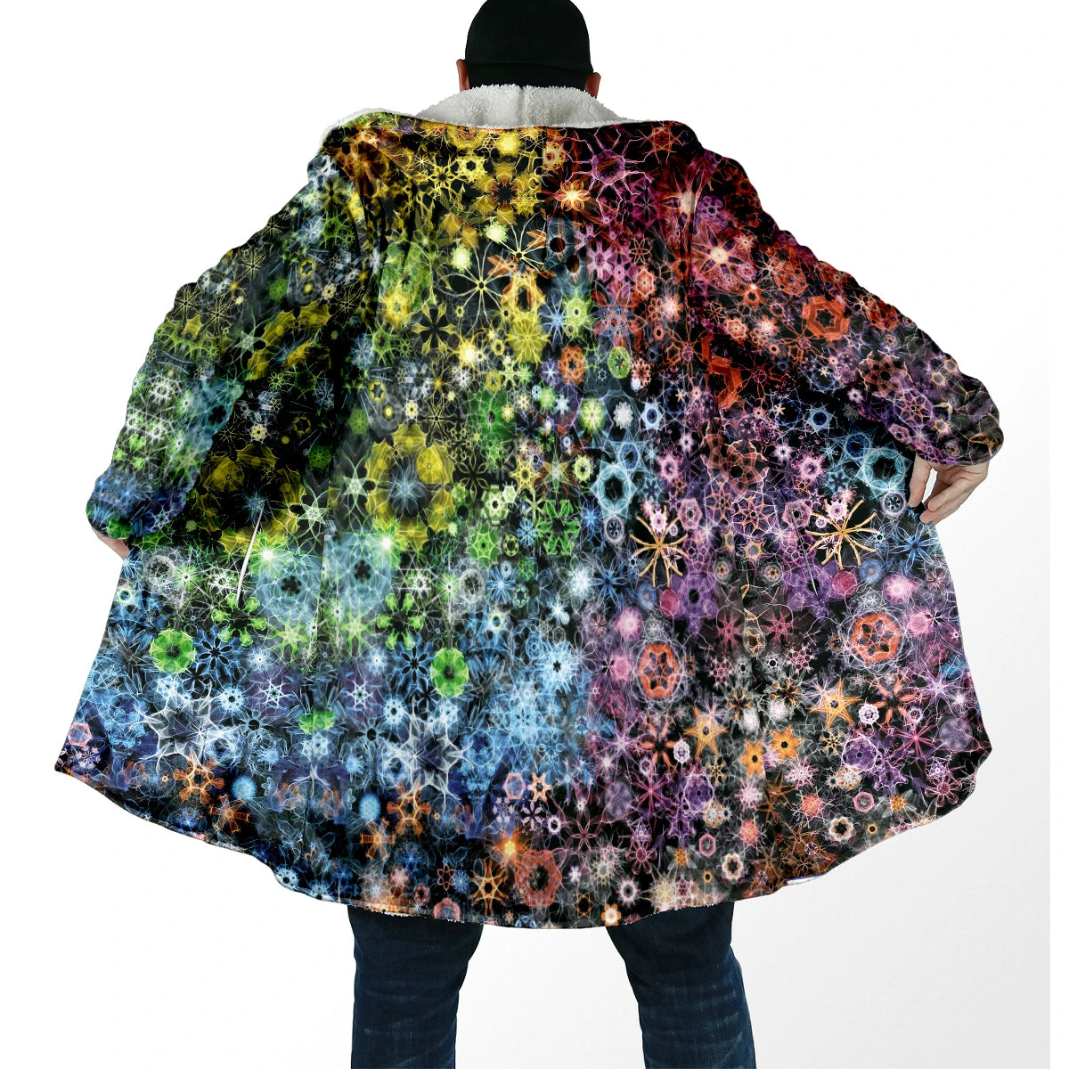Winter Fashion Men's cloak Hippie Psychedelic Colorful Trippy 3D Printed Thick Fleece Hooded Cloak Unisex Warm Cape Coat DP103