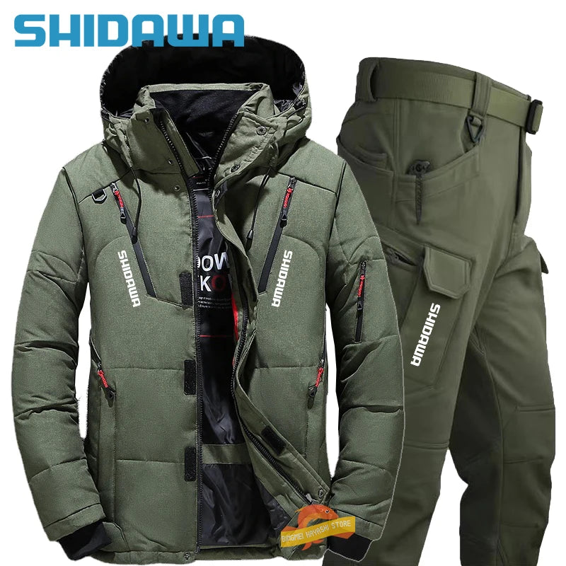 Men's Winter Fishing Suit, Goose Down Jacket+Tactical Pants Fishing Set, Warm Snow Skiing, Mountain Climbing, Hunting Sportswear