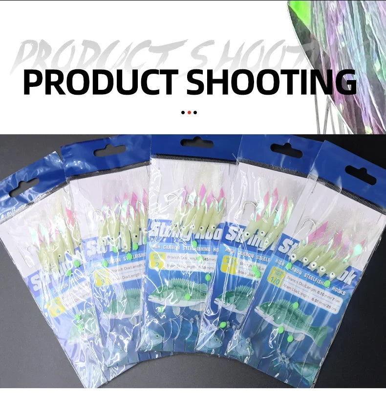 5 Hooks Sabiki Rigs Saltwater Fishing Lures Bait Rigs Real Fish Skin String Hook Mackerel Glow in The Dark Flash Sabiki Rigs