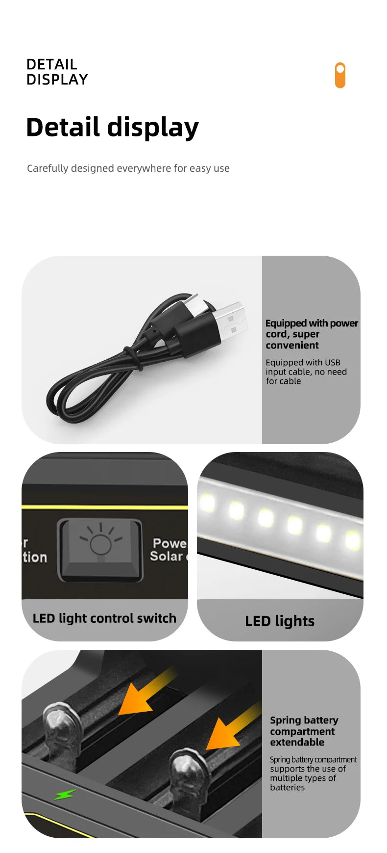Solar Power Generation Solar Lithium Battery Smart Charger Type-C USB Four-Slot for 3.7V 18650/26650/21700/14500 Batteries