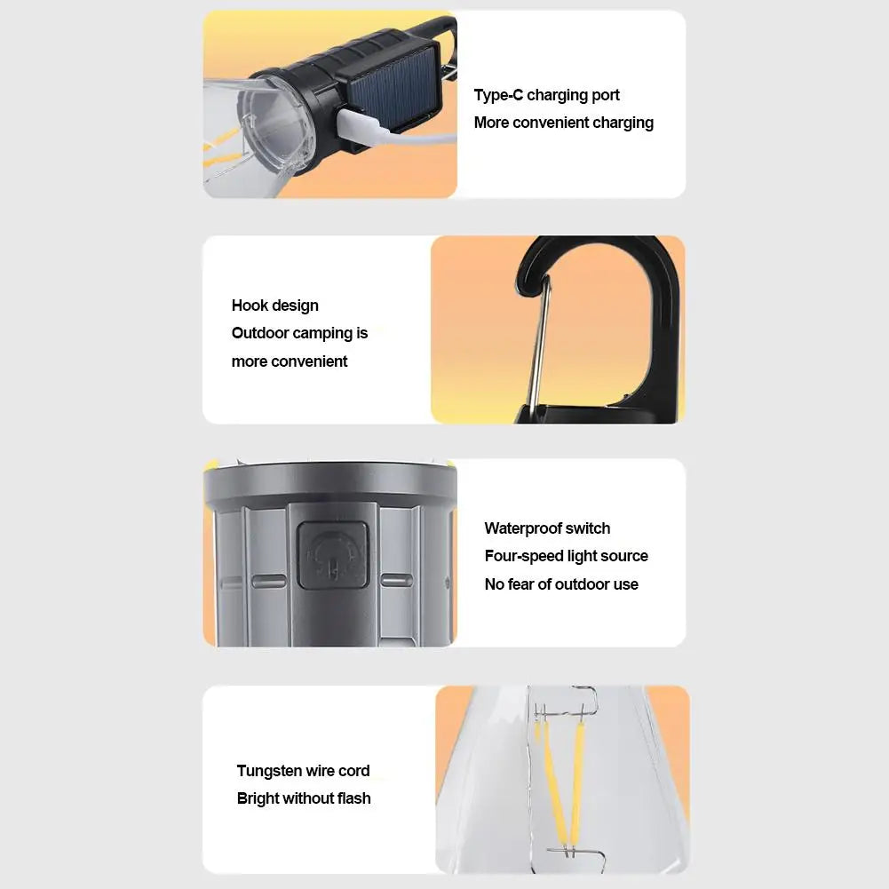 Solar Powered Camping Light Portable Led Outdoor Yard Tent Hanging Light Solar Lantern For Emergency Waterproof Rechargeable