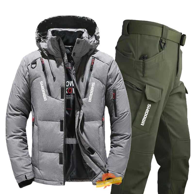 Men's Winter Fishing Suit, Goose Down Jacket+Tactical Pants Fishing Set, Warm Snow Skiing, Mountain Climbing, Hunting Sportswear
