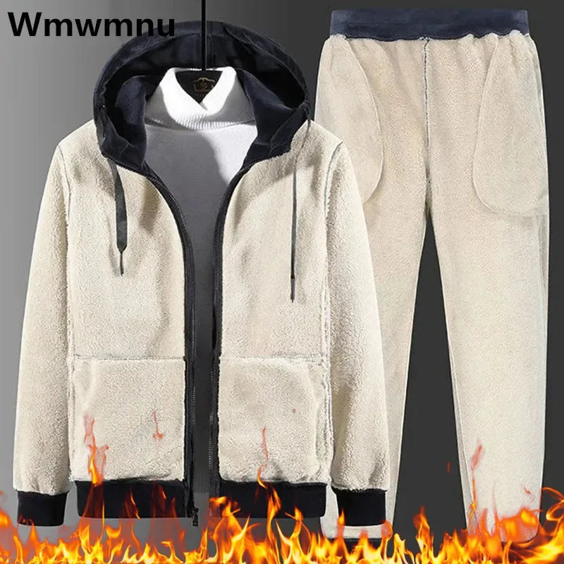 Winter Lambwool Tracksuit Piece Sets Warm Thicken Fleece Joggers Pants Outfits Casual Womens Plush Hooded Sweatshirts Conjuntos