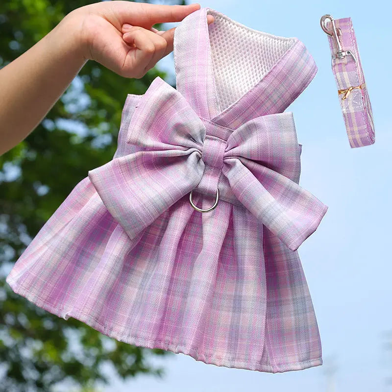 Pet dog  cat jk plaid skirt vest leash teddy than bear out clothes chest strap walking supplies