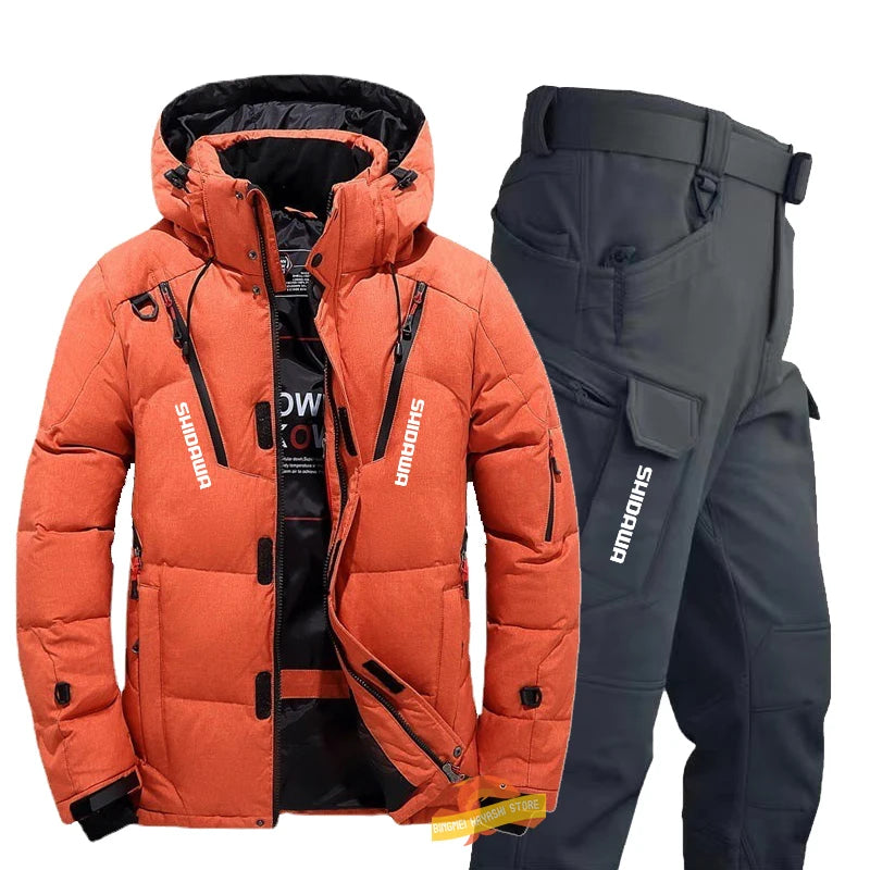 Men's Winter Fishing Suit, Goose Down Jacket+Tactical Pants Fishing Set, Warm Snow Skiing, Mountain Climbing, Hunting Sportswear