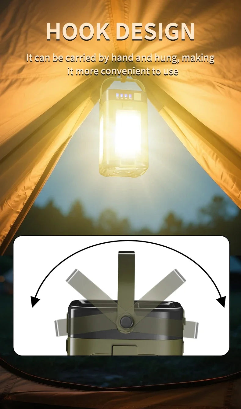 Solar Camping Light，USB/Solar Recharge Portable Lamp with 2000mAh Battery 6 Lighting Modes Outdoor Portable Hanging Tent Light